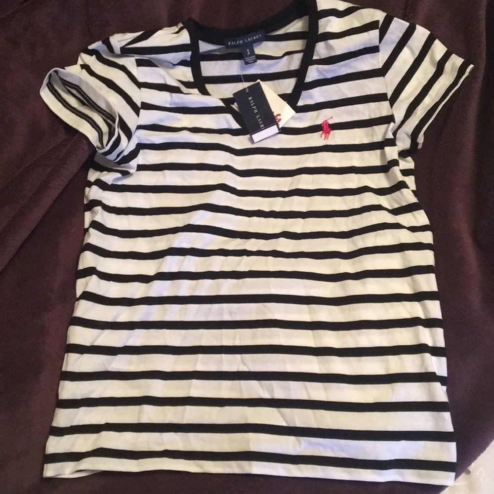 NWT- V neck black & white striped Ralph Lauren tee